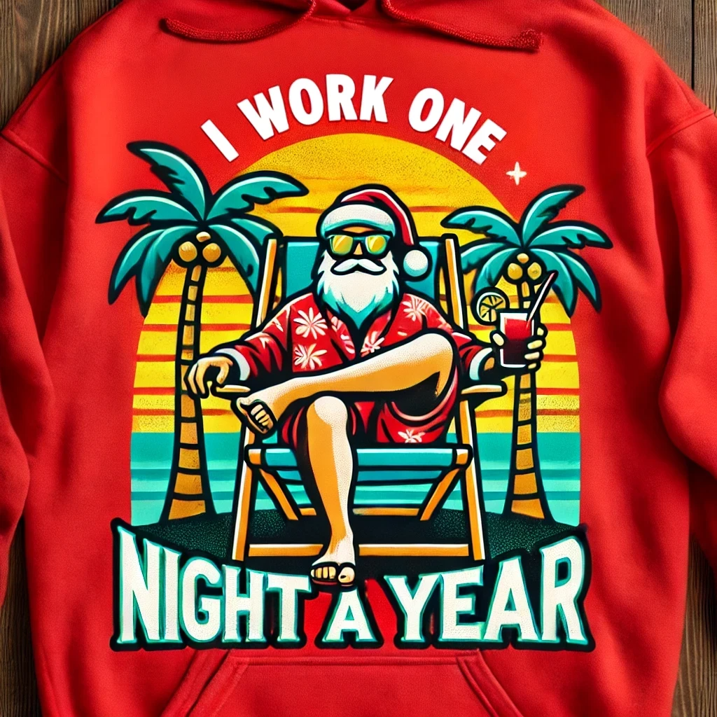 Red Hoodie with Santa in shorts lounging on a deckchair