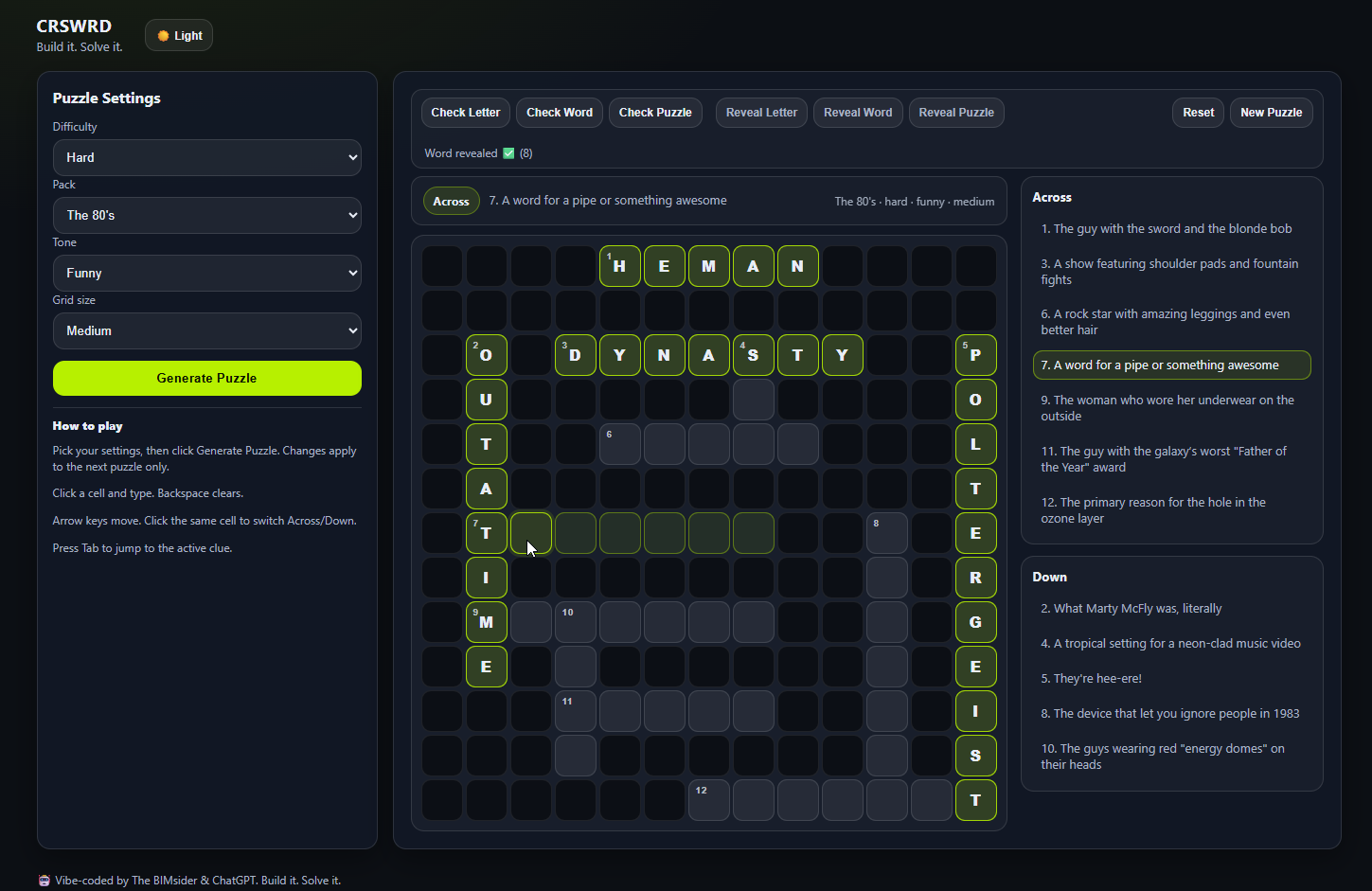 CRSWRD in action, a puzzle mid-solve