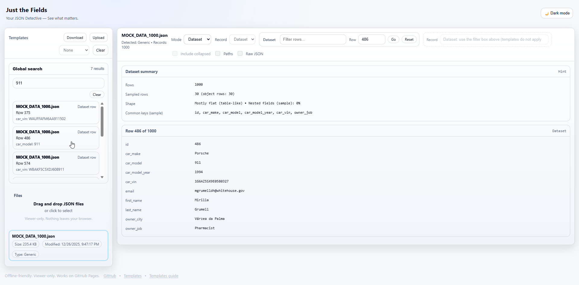 Dataset mode showing a large JSON array (light theme)